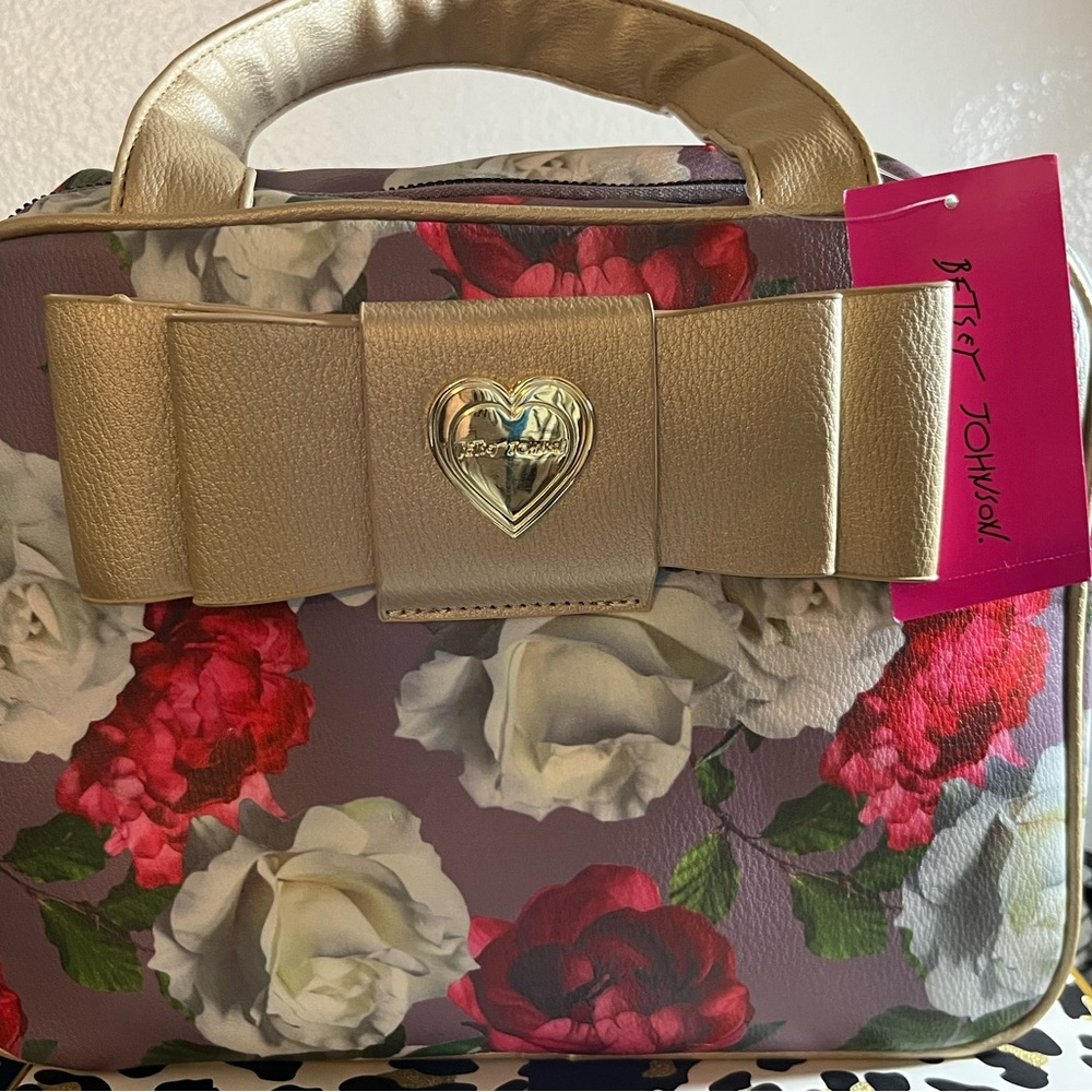 Betsey Johnson Purple Floral Cosmetic Bag with Gold Bow